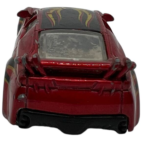 Red Diecast Toy Car with Yellow Flame Decals & Rear Spoiler 1:64 - Picture 5 of 7